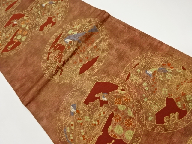 リサイクル　丸文に蝶・花々・平安風景模様織出し袋帯